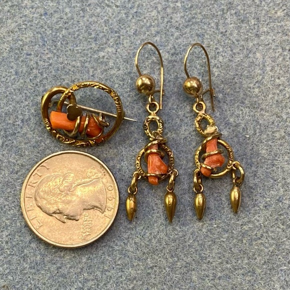Vintage wrapped coral brooch and earrings set - Picture 5 of 5